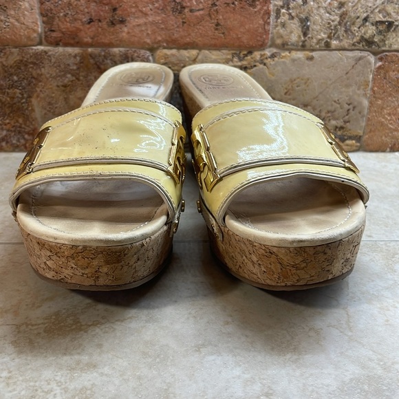 Tory Burch Wedge Sandals Platform Patent Leather Cork Yellow Size 10 M - Picture 10 of 16